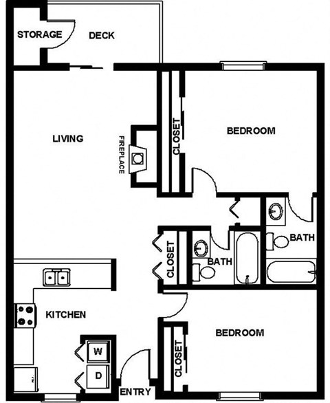 Floor plan for 2 beds, 2 baths, 956 sqft